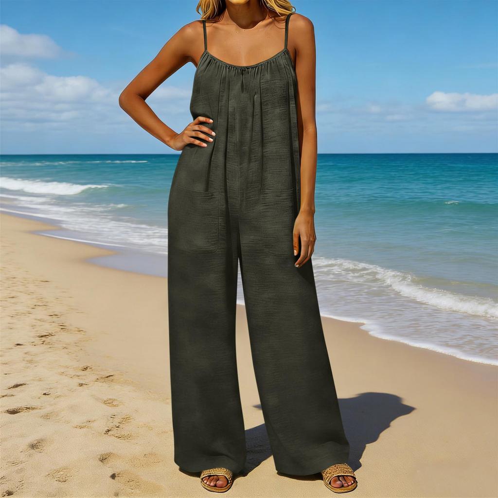 Damen-Jumpsuit, Lässige und lockere Passform, Mit rückenfreiem Design und dünnen Vintage-Trägern. Dieser Loungewear-Jumpsuit ist aus Baumwolle und Li