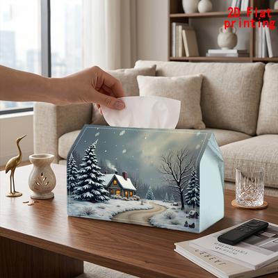 2D Flat 1pc, Tissue Box. Winter House Pattern Napkin Dispenser, Reusable, Daily Desktop Tissue Organizer, Suitable for Kitchen Living Room Bedroom Bat