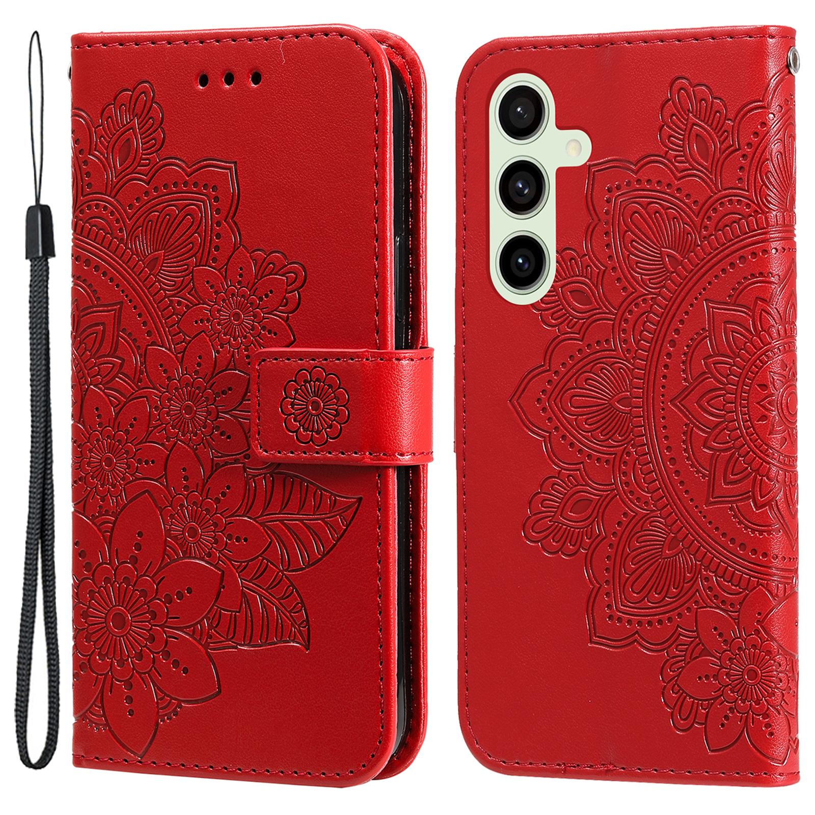 

For Samsung Galaxy S24 FE Case Floral Pattern PU Leather Wallet Stand Phone Cover Red