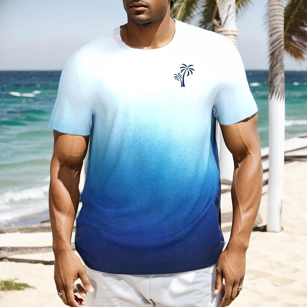 Men s Ombre Coconut Palm T Shirt Short Sleeve T shirt 3D Print Crew Neck Shirt Tropical Hawaiian Vacation Street Daily Blue XL