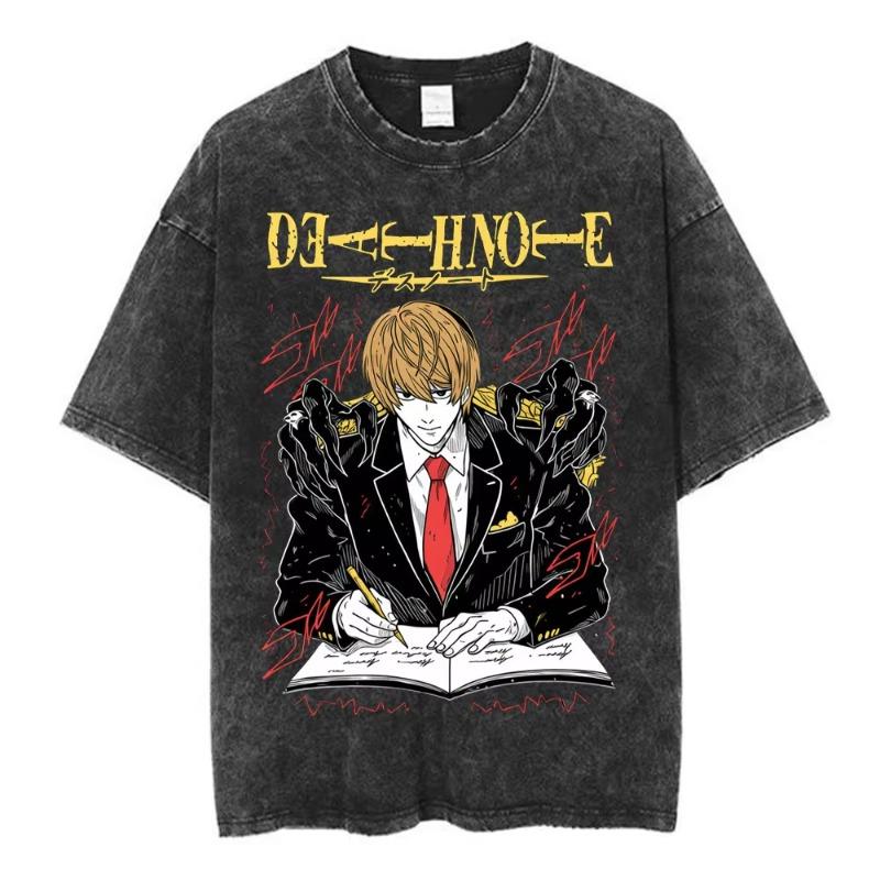 Anime Death Note Ryuk Yagami Light Vintage gewaschenes T-Shirt Herrenbekleidung Baumwoll-T-Shirt Mode Kurzarm-T-Shirts Streetwear
