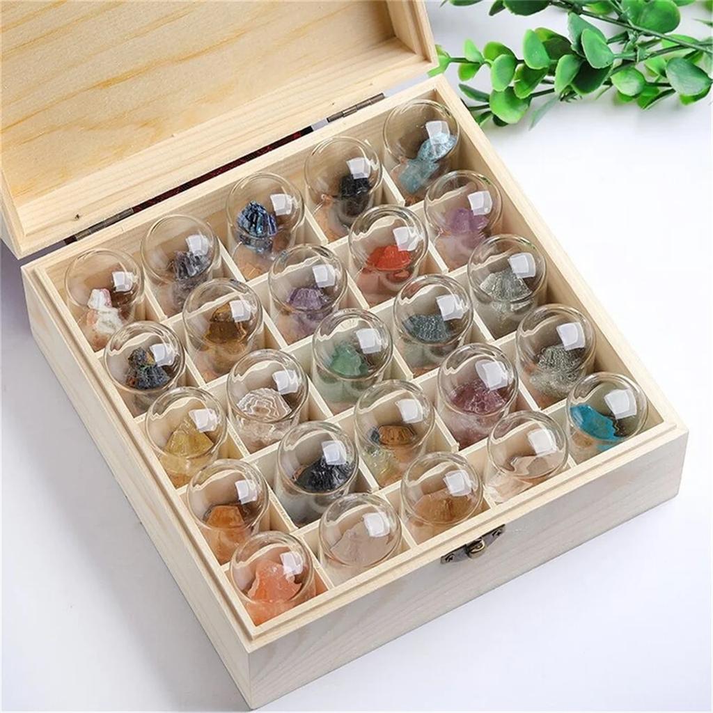 25Pcs Natural Crystal Quartz Mineral Set With Glass Display Jar Wooden Gift Box Teaching Collection Specimen Decorative Ornament