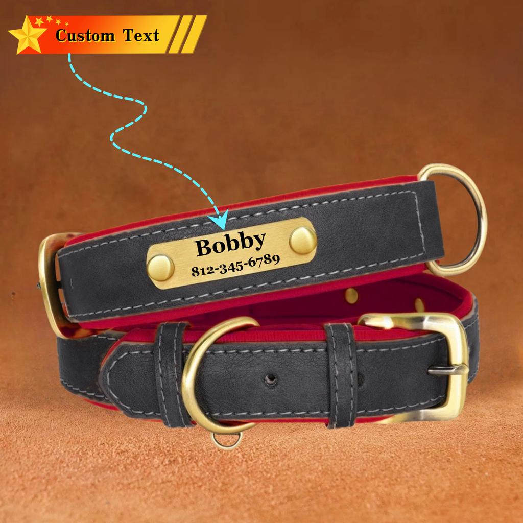 Customized ID Nameplate Dog Collar PU Leather Soft Padded Dog Collars Free Engraving Name for Small Medium Large Dogs Adjustable