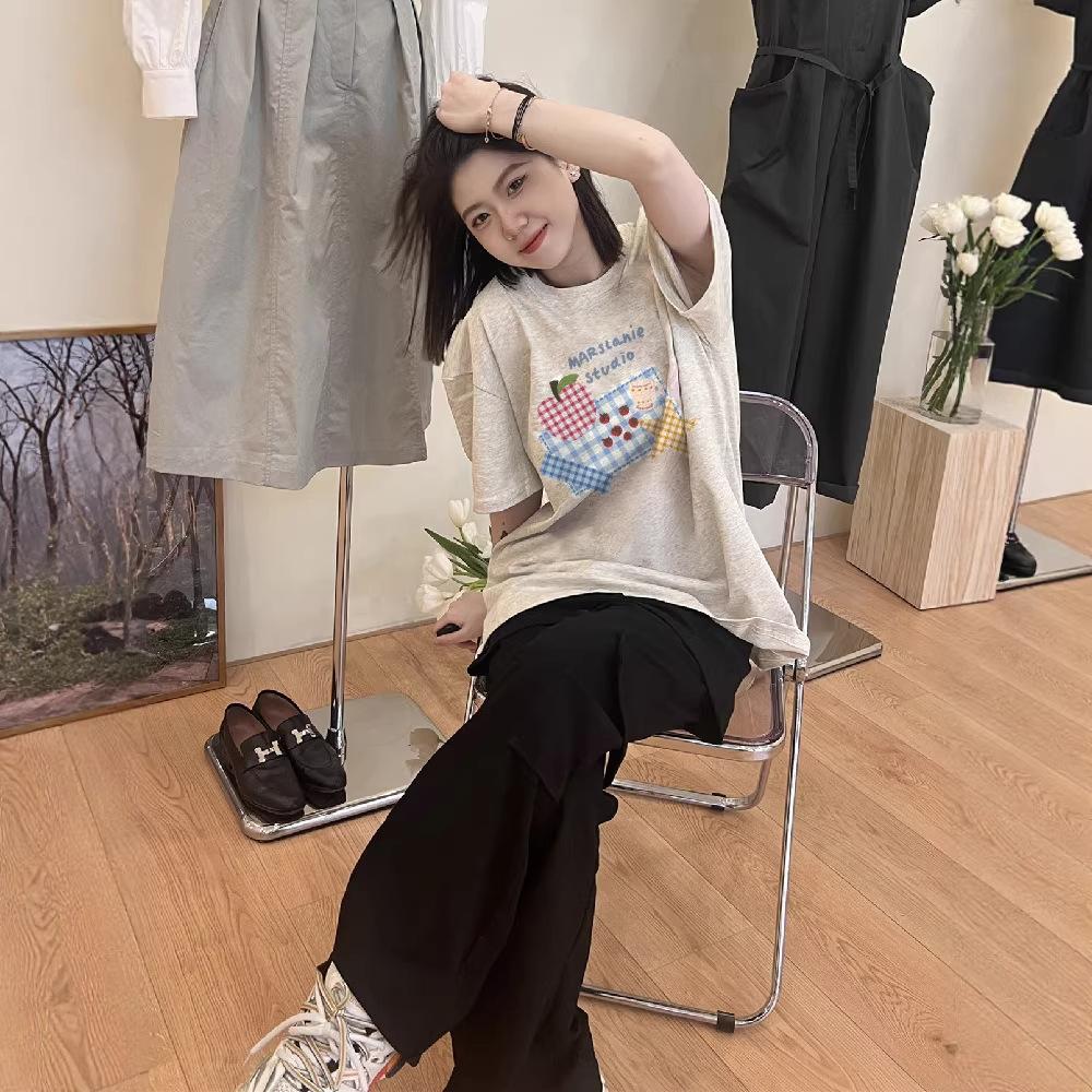 Pure cotton European goods American retro short-sleeved t-shirt women's summer loose fat mm lazy niche design half-sleeved top
