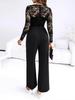 Women's Lace Patchwork Long Sleeve Jumpsuit with Belt and Wide-Leg Pants