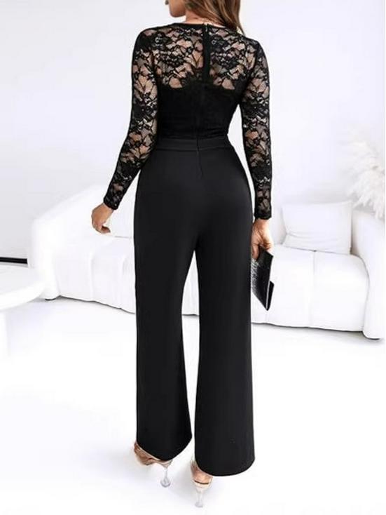 Women's Lace Patchwork Long Sleeve Jumpsuit with Belt and Wide-Leg Pants