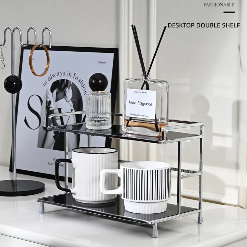 Metal Desktop Layered Storage Rack Double-Layer Desk Storage Rack Bathroom Cosmetics Storage Rack for Living Room Entrance Hall Kitchen and Bathroom