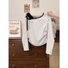 Korean Design Bow Print Strap Off-the-shoulder Long-sleeved T-shirt Women's Spring and Autumn New Ins Versatile Slim-fit Top