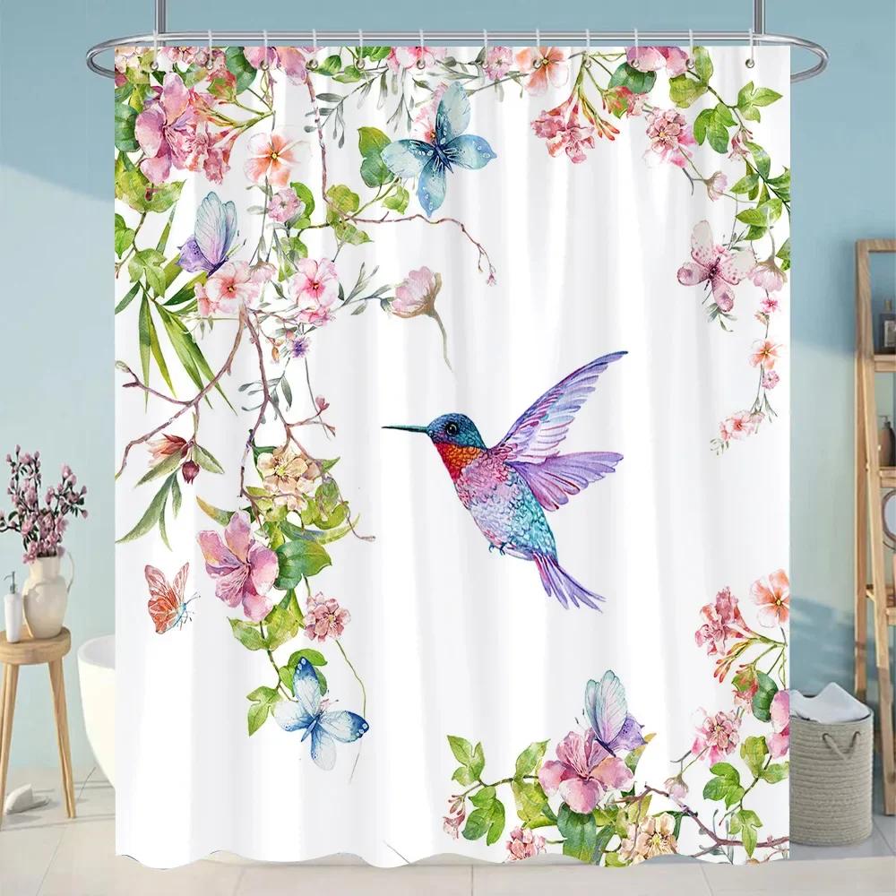 Beautiful Plant Flower Shower Curtain Eucalyptus Leaf Cherry Blossom Scenery Cat Butterfly Polyester Bath Curtain Bathroom Decor