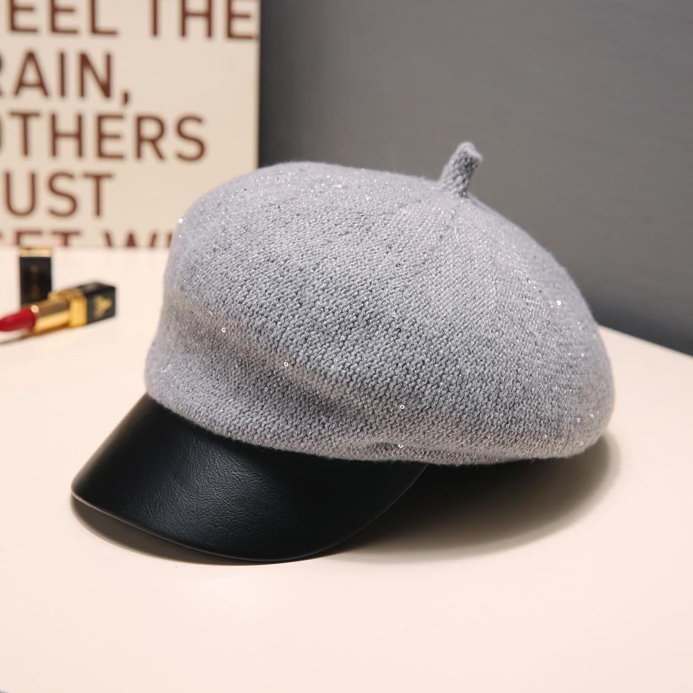 Korean Versatile Little Fragrance Style Sequin Beret Autumn and Winter British Retro Warm Octagonal Hat Outdoor Casual Hat Women