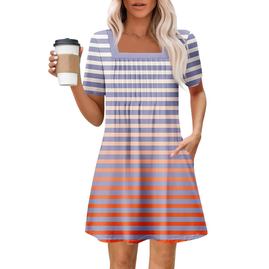 Rochii cu mânecă scurtă, cu mânecă scurtă, cu buzunare, cu gât pătrat, ocazional de vară