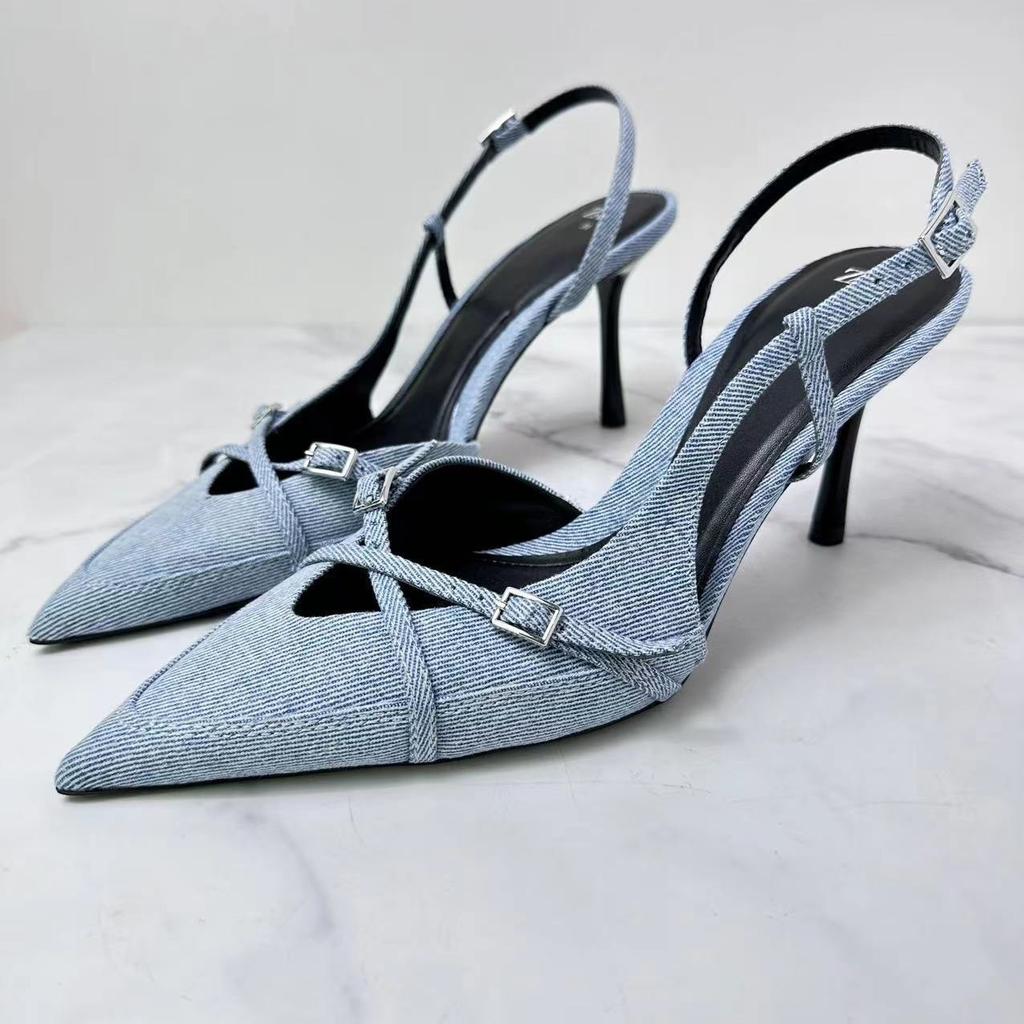 Fashion 2025 Spring and Summer New Denim Light Mouth Strap Hollow Bag Head Sexy Stiletto Fashion Sandals Muller Shoes