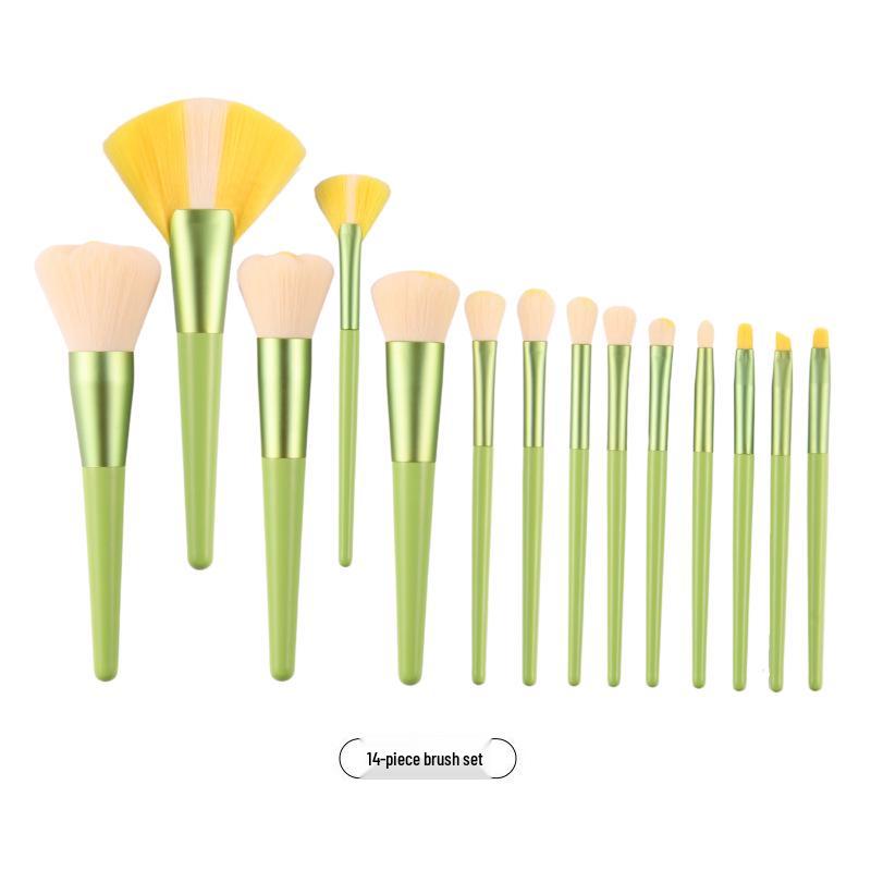 High-Grade Little Daisy 14-Piece Makeup Brush Set: Soft Bristle Powder and Fan-Shaped Highlighter Brushes for Beauty Application.