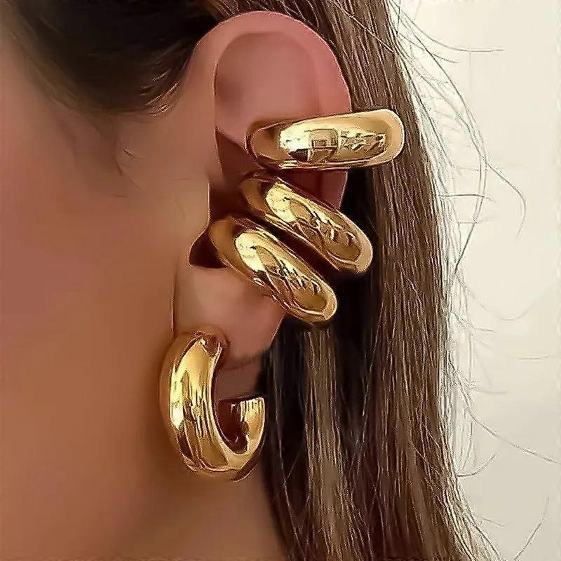Wide C-shaped Ear Cuff Earrings, No Piercing, Gold & Silver, Smooth Finish,