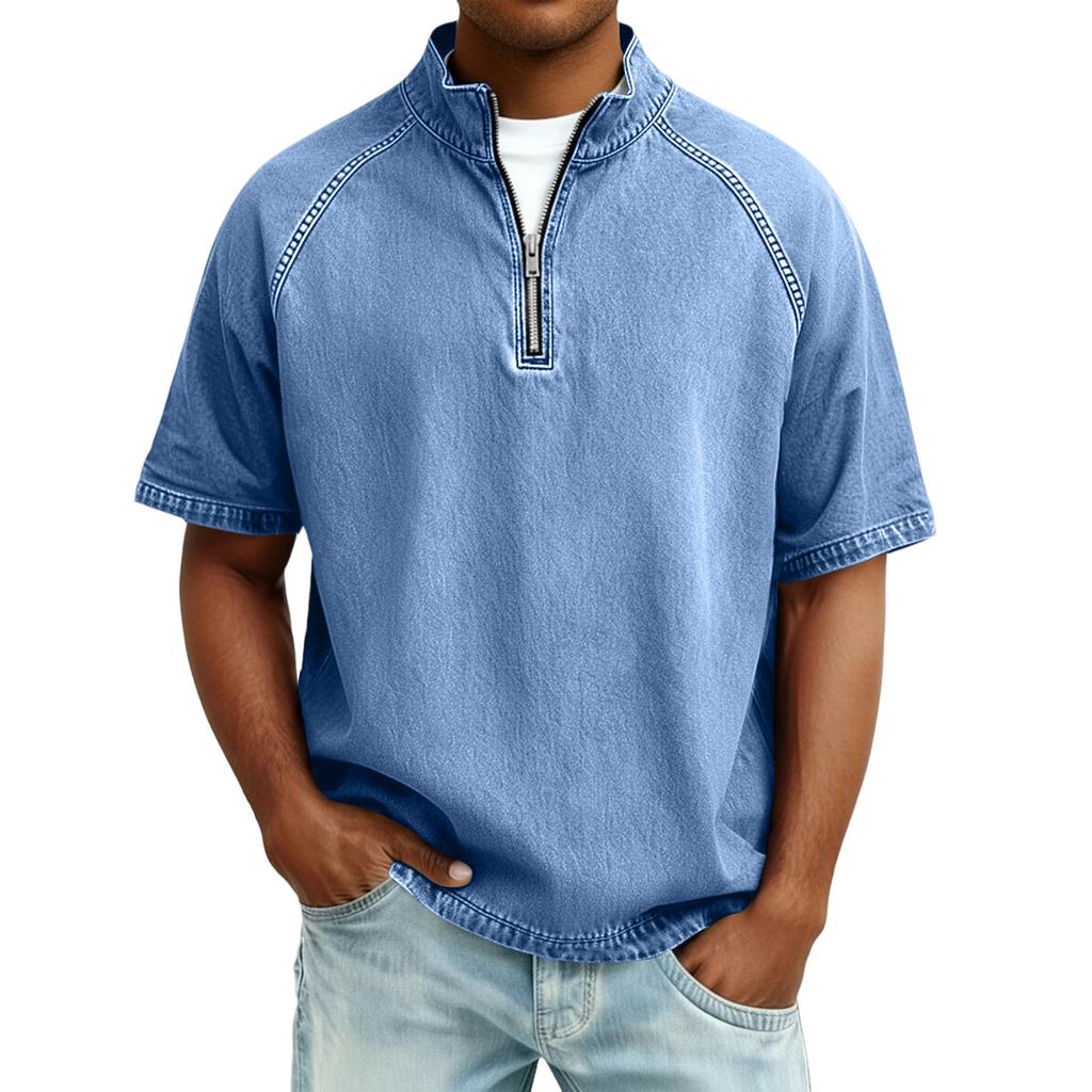 Pánské Bavlna Prané Tričko Top Krátký Rukáv Stojáček