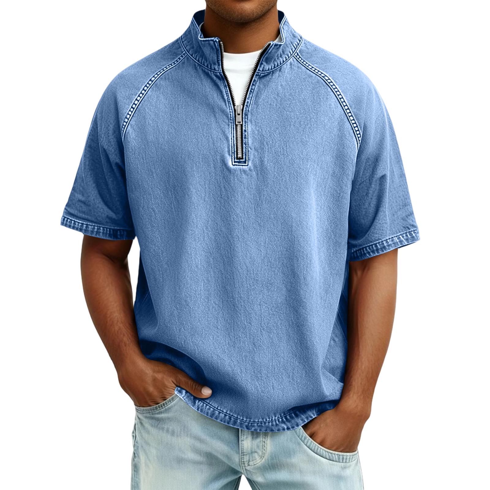 

Чоловіки Бавовна Прана Сорочка Футболка Топ Короткий Рукав Стійка Комір XL світло-синій колір