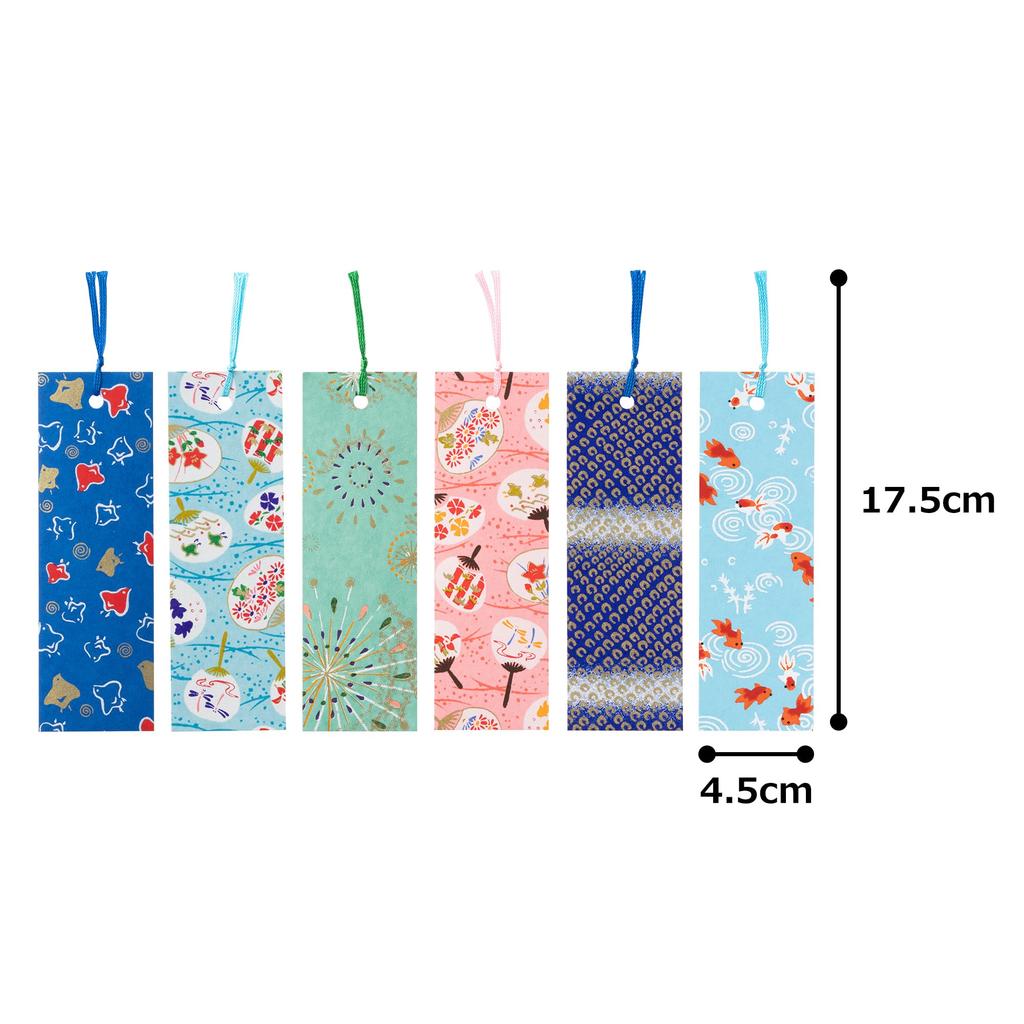 Kawasumi Washi Yuzen Washi Bookmarks in Green with Summer Pattern Stencil-Dyed (6 Sheets)
