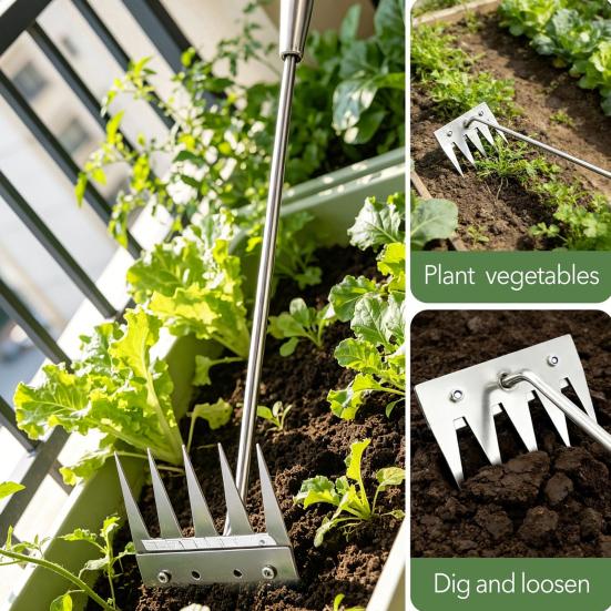 Stainless Steel Weed Remover Tool 5 Teeth Manual Weed Tool Ergonomic Handle Weed Removal Tool for Gardening Backyard Yard Farm Planting Weeding and