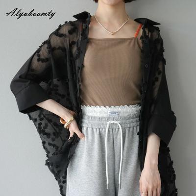 Korean Fashion Summer Spring Women Cardigan Turn-Down Collar White Black Oversized Lace Blouse Delicate Elegant Ladies' Thin Outerwear