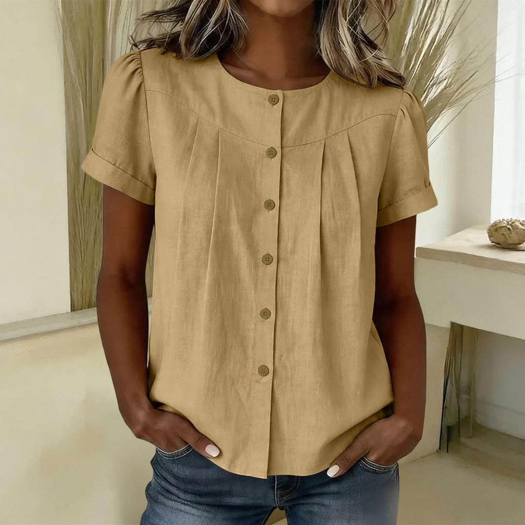 Womens Casual Button Front Short Sleeve Pleated Round Neck Loose Fit Blouse Top Lightweight Comfortable Fabric