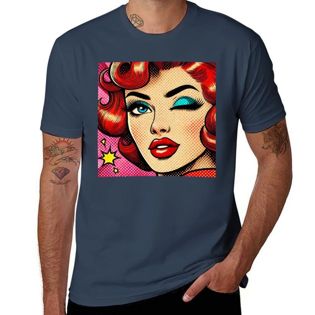 Retro Glam Pop Art Winking Redhead Pin Up Tshirt Basic Simple Design Short Sleeve Shirt