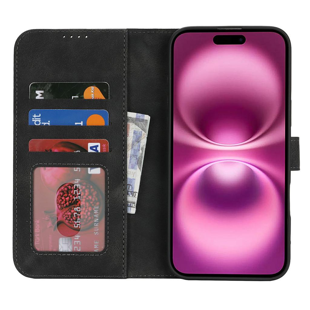 For iPhone 16 Plus Wallet Case Double Folded Edge Skin Touch PU Leather Flip Phone Cover