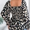 Women Long Sleeve Leopard Print Chiffon Blouse Streetwear Top Square Neck Tee Ladies T Shirt
