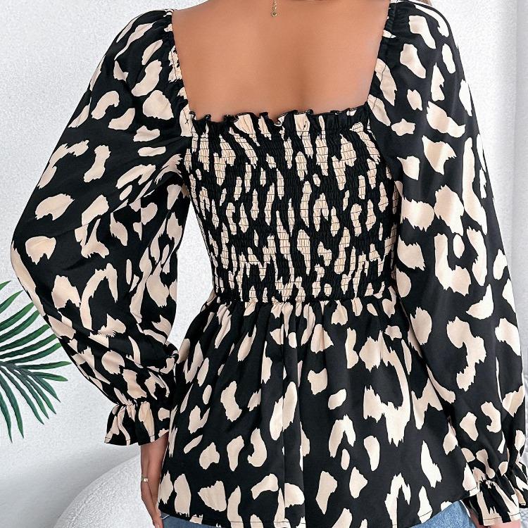 Women Long Sleeve Leopard Print Chiffon Blouse Streetwear Top Square Neck Tee Ladies T Shirt