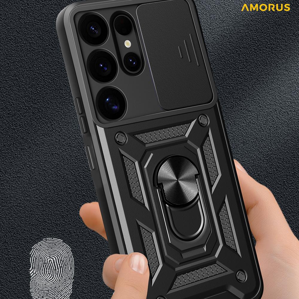 AMORUS For Samsung Galaxy S25 Ultra Case Kickstand PC+TPU Phone Cover with Camera Lens Slider