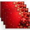4pcs/6pcs Christmas Decorative Linen Placemats, Featuring a 2D Flat Print Design with Red Background, Golden Snowflakes, And Colorful Balls. The