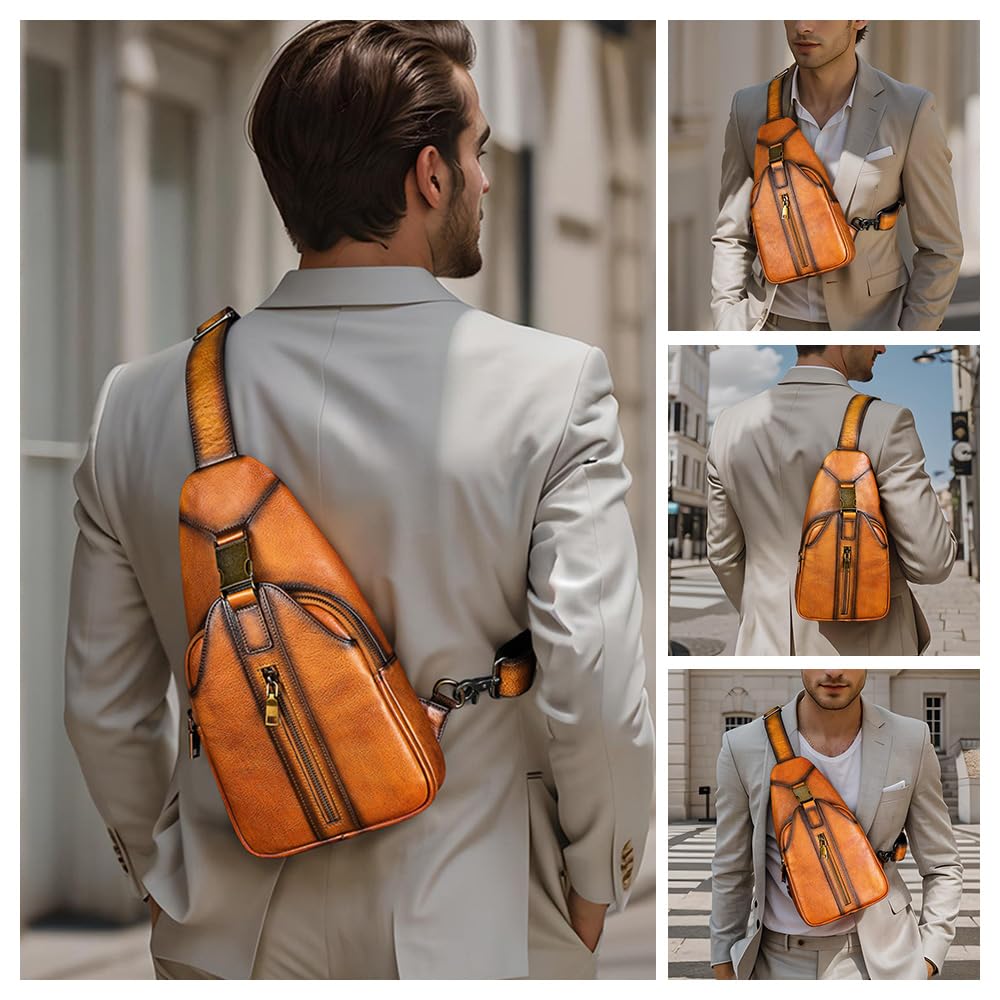 Whatna Antique-Style Tanned Natural Cowhide Leather One-Shoulder Bag for Men, 3-Way, Crossbody, Mini Body Bag, Chest Bag, Genuine Leather, Thick,