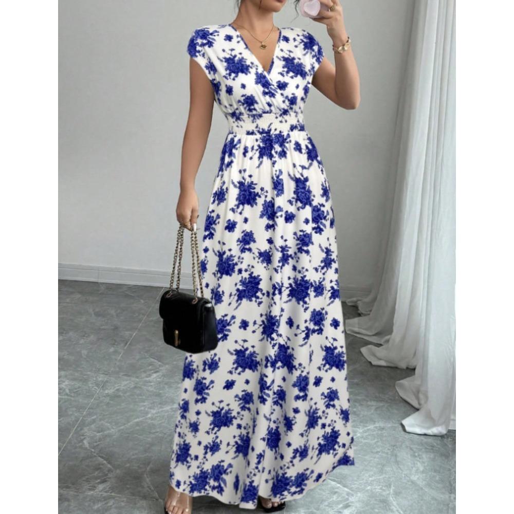 Nuevo Vestido Largo Estampado de Verano con Cuello en V y Manga Corta con Lazo para Mujer Cintura Ajustada