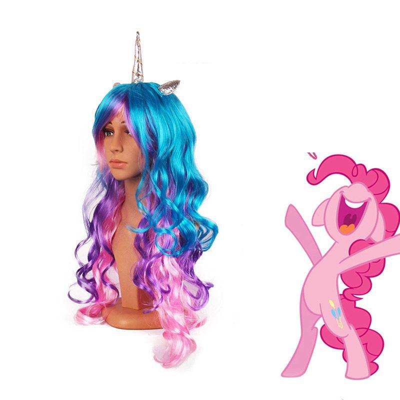 New Fashion Women Ear Unicorn Rainbow Wig Long Curly Wave Hair For Cosplay Party