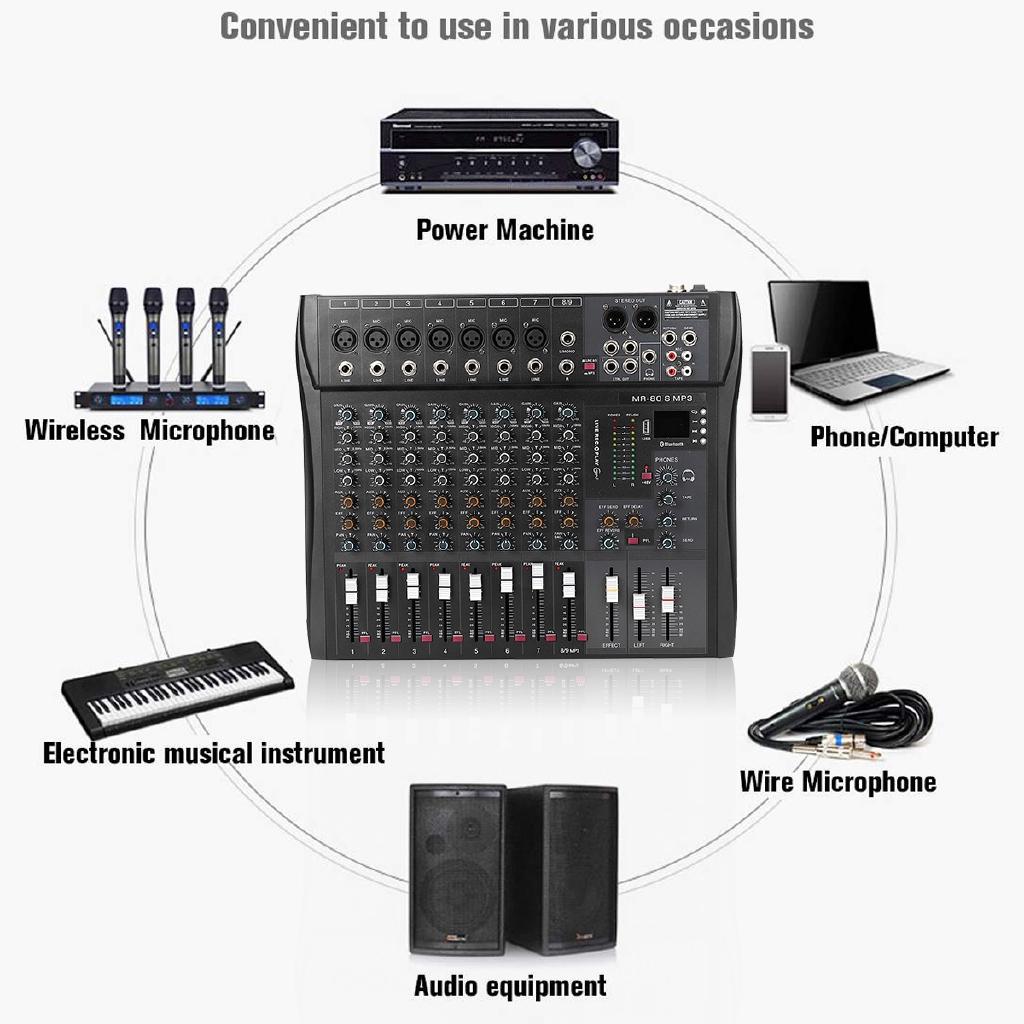 9 Channel Professional Console Studio Audio Mixer USB Bluetooth DJ Sound Mixing for Family KTV Meeting Campus Speech