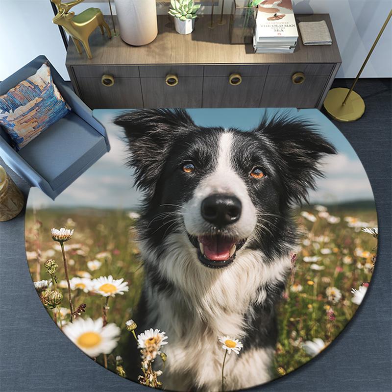 Happy Border Collie Round Area Rug,Carpet Rug for Living Room Bedroom Sofa Playroom Decor,Non-slip Floor Mat