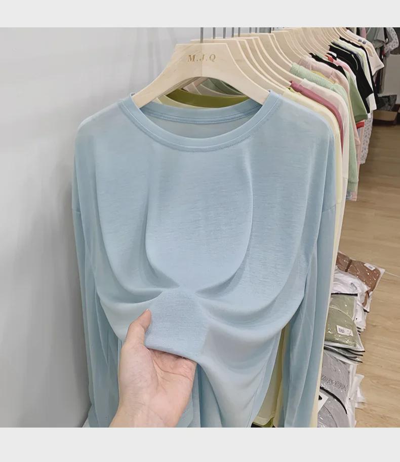 Women's Summer Ice Silk Long-Sleeve T-Shirt: Thin, Loose, Round Neck, Niche Sunscreen & Trendy Air Conditioning Top.