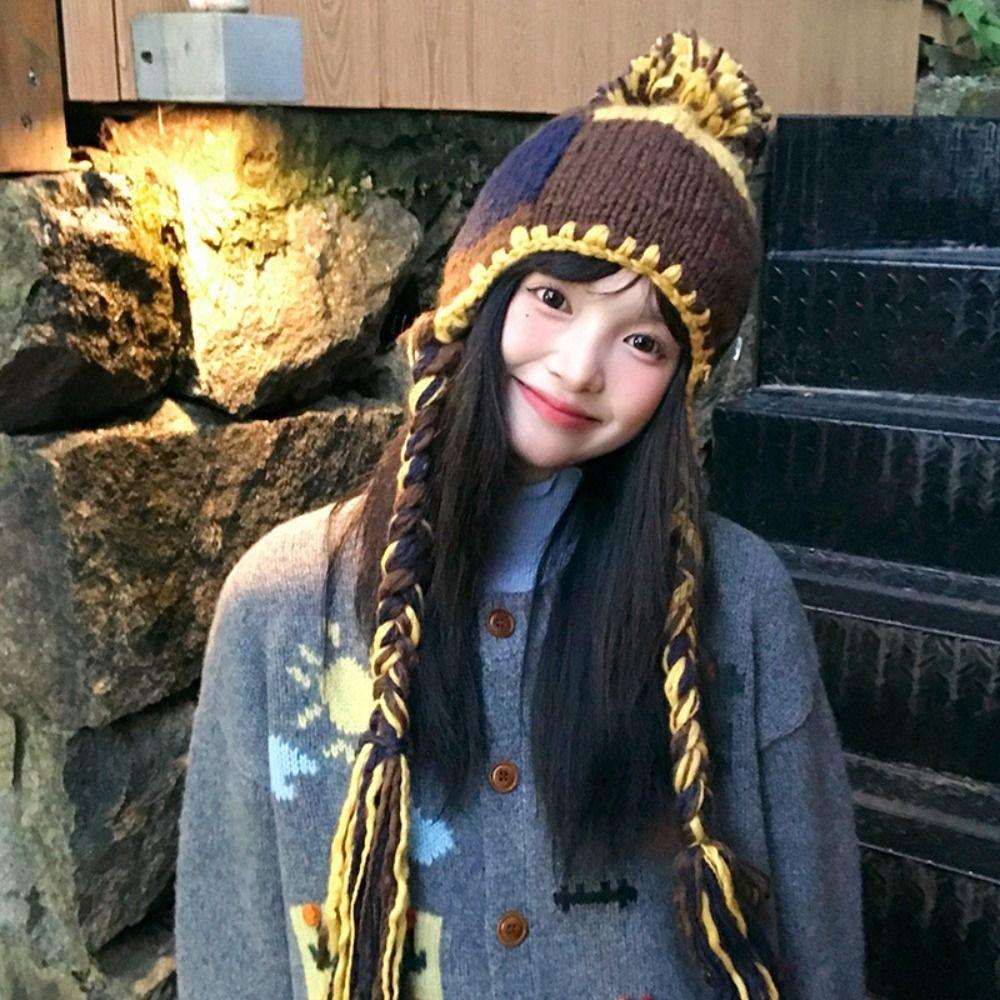 

New Design Handmade Knitted Hat Korean Women Warm Hat Fashion Braid Tassels Knitted Hat Ladies Style 3