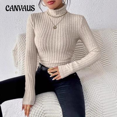 Women's Autumn and Winter High Neck Solid Colour Casual Temperament Long-sleeved Grinding Wool Pit Stripes Knitted T-shirt Tops
