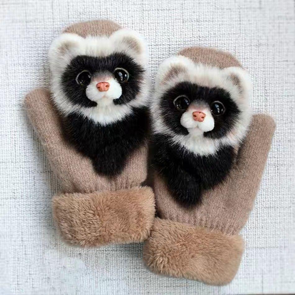 1 Pair Unisex Mittens Thickened Full Finger Winter Warm Gloves Knitted Wool Cartoon Animal Gloves