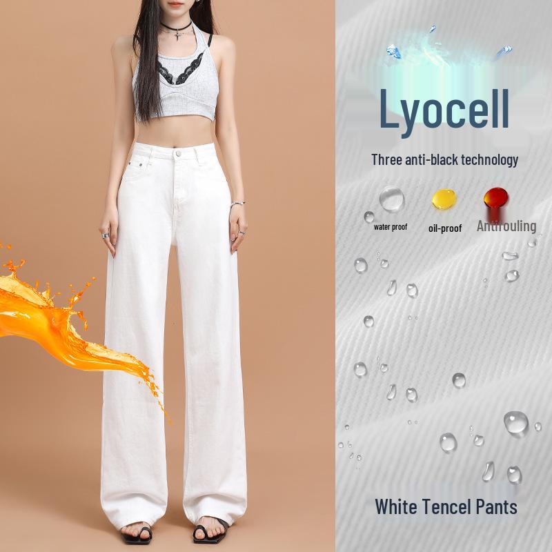 Τζιν Λευκό Tencel Ψηλόμεσο με Φαρδύ Πόδι για Γυναίκες - Ευέλικτο, Στενό, Casual, Απαλό, Στυλ Άνοιξη/Καλοκαίρι