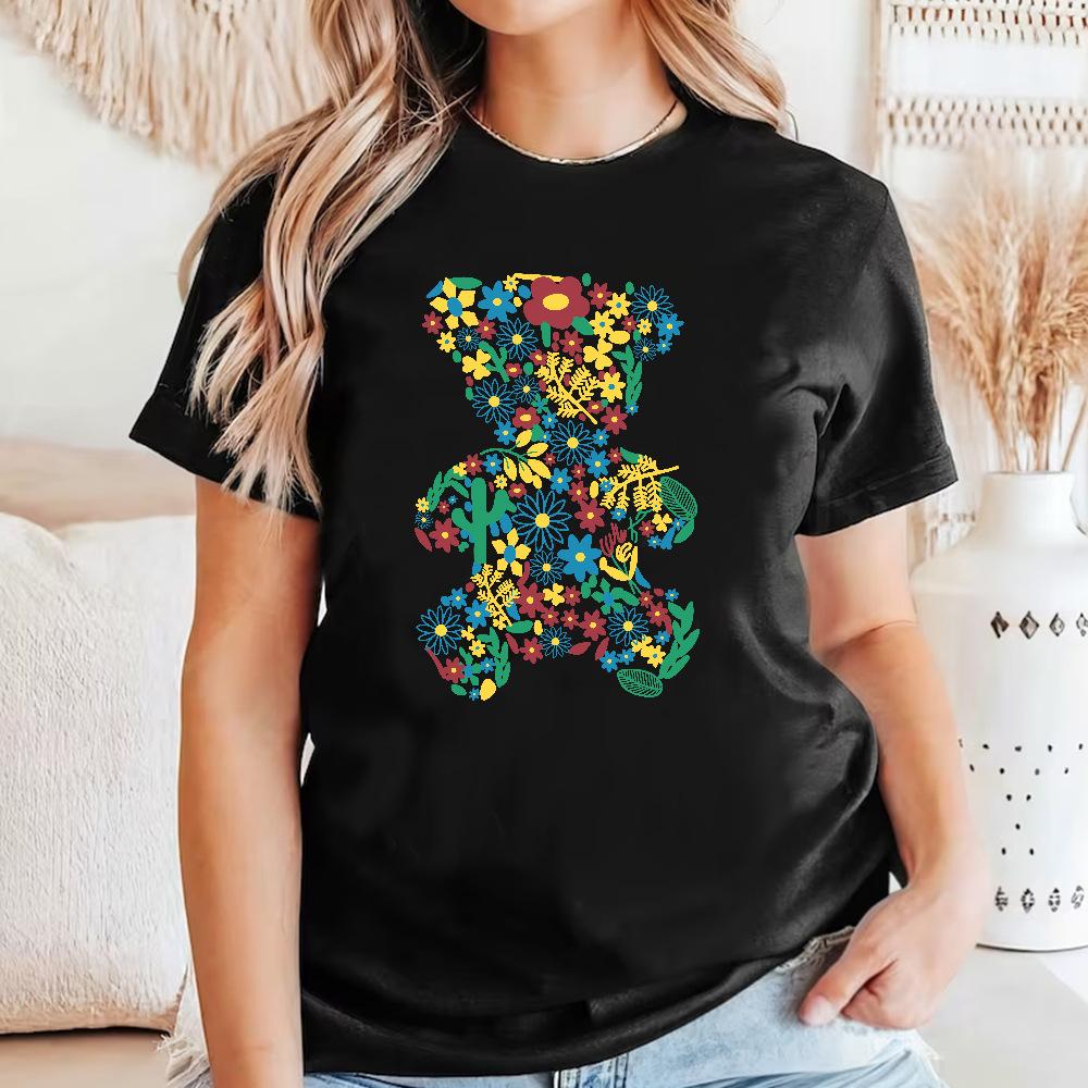 Fashion Cartoon Bear Cotton T-Shirt Short Sleeve Round Neck Women 2d Print Tops