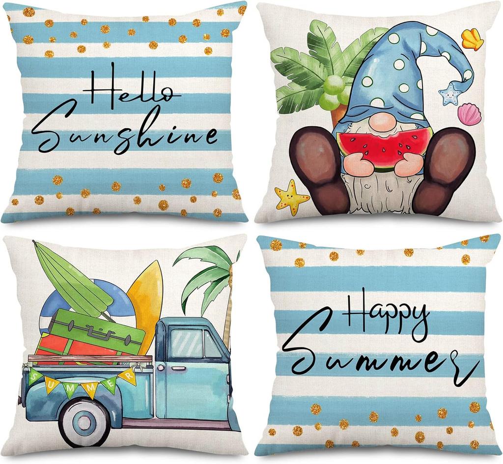 Hello Summer Vibes Gnome Decorative Throw Pillow Cover 18X18In Set Of 4 Ice Cream Popsicle Juice Porch Patio Outdoor Couch