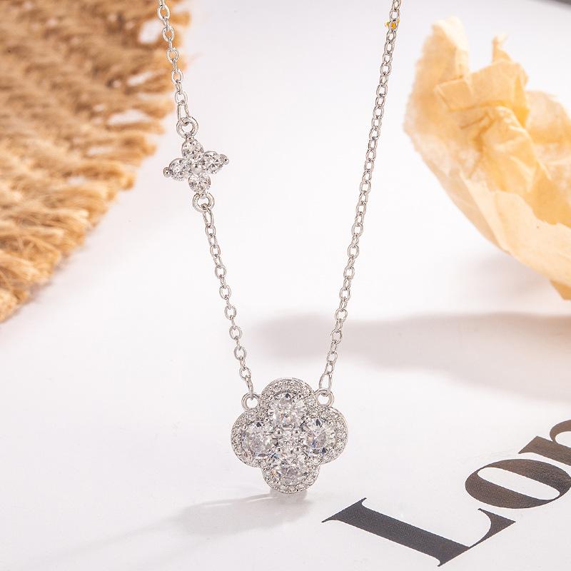 

925 Silver Lucky Four-leaf Clover Pendant Necklace For Women Choker Chain Wedding Engagement Party Jewelry Gift белый