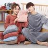 Conjuntos de ropa de dormir cálida para el hogar de franela para mujer, color sólido, cuello redondo, jersey grueso de polar, pijamas para mujer, pantalones de manga larga, informales, 2 piezas