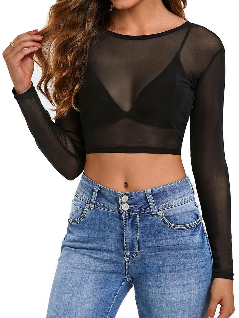 Women's Fresh Sexy Slim Fit See-through Mesh Long Sleeve Top
