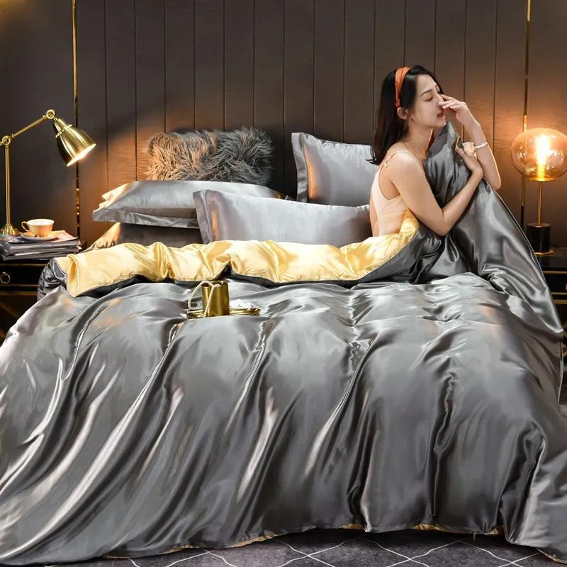 Set de lenjerie de pat din mătase 100% pură, de lux, moale, cearceaf cu pilote și fețe de pernă, set de pat cu husă pentru casă, seturi de lenjerie de pat de calitate, mărime king