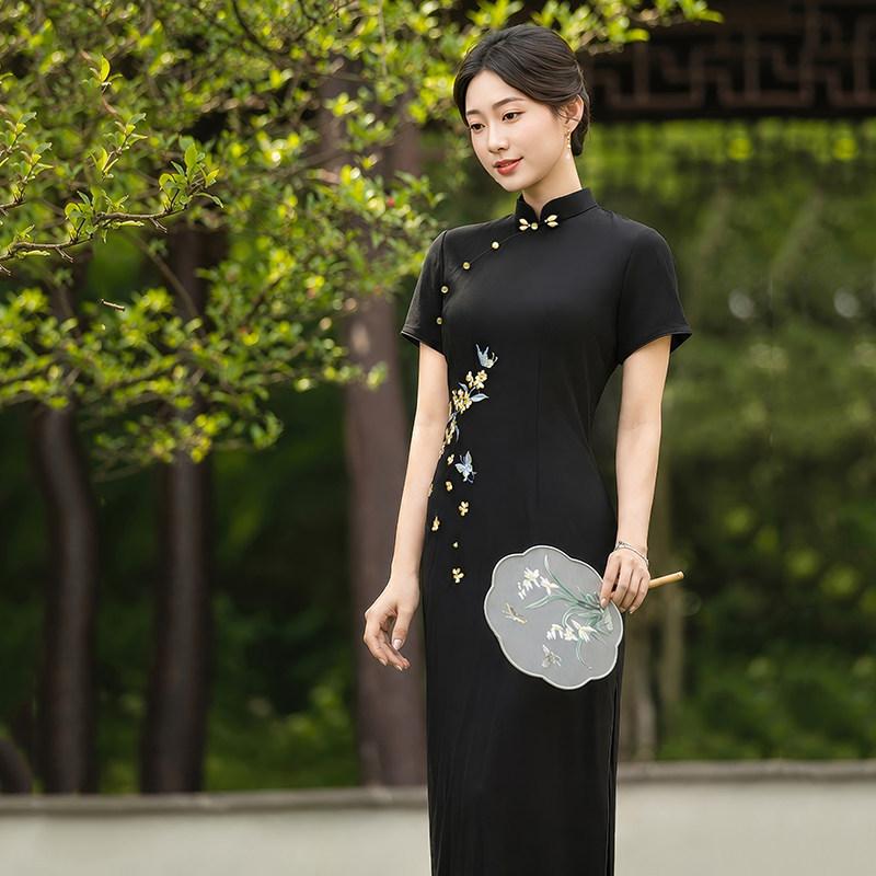 Black national style new Chinese Suzhou long cheongsam improved young 1011 new women's high-end sense daily wear