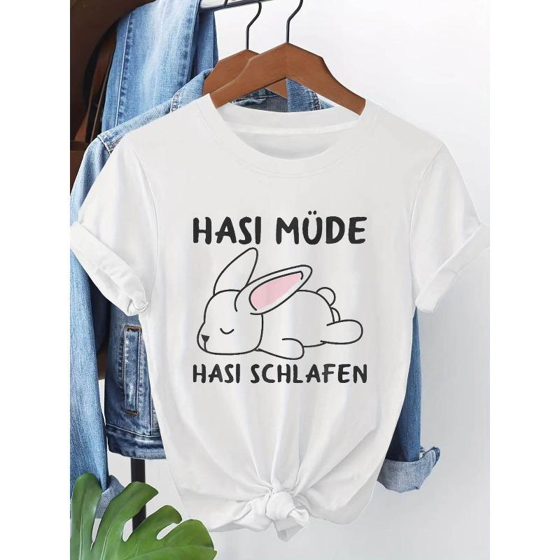 

Women s Plus Size Hasi Müde Hasi Schlafen Bunny Print Tee Round Neck Short Sleeve Casual Top S белый