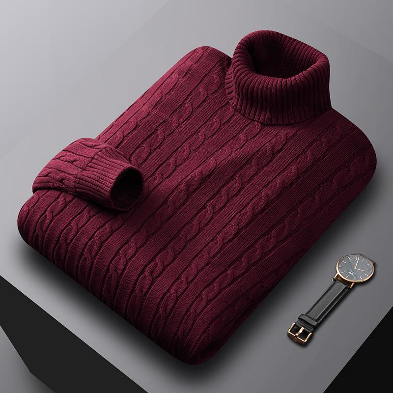 Men's Luxury All-Cotton Knitted Pullover - Thick, Solid Color, Velvet-Lined Cable Knit for Autumn and Winter