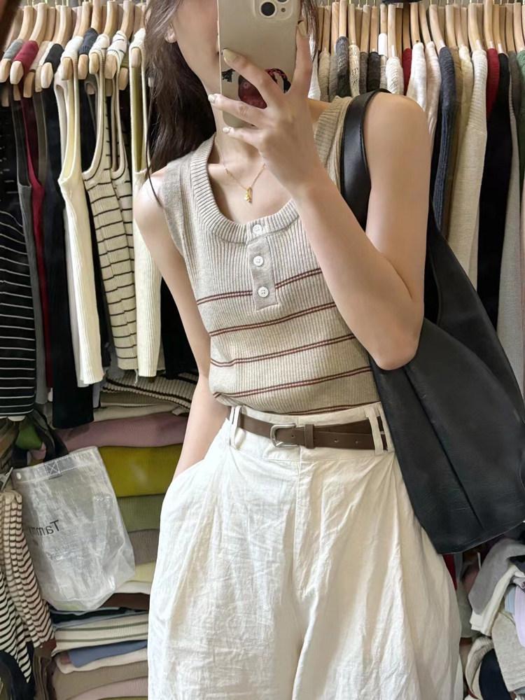 Women s Korean Color Block Knit Vest: Spring 2026 Slim Fit Striped Sleeveless Top One Size